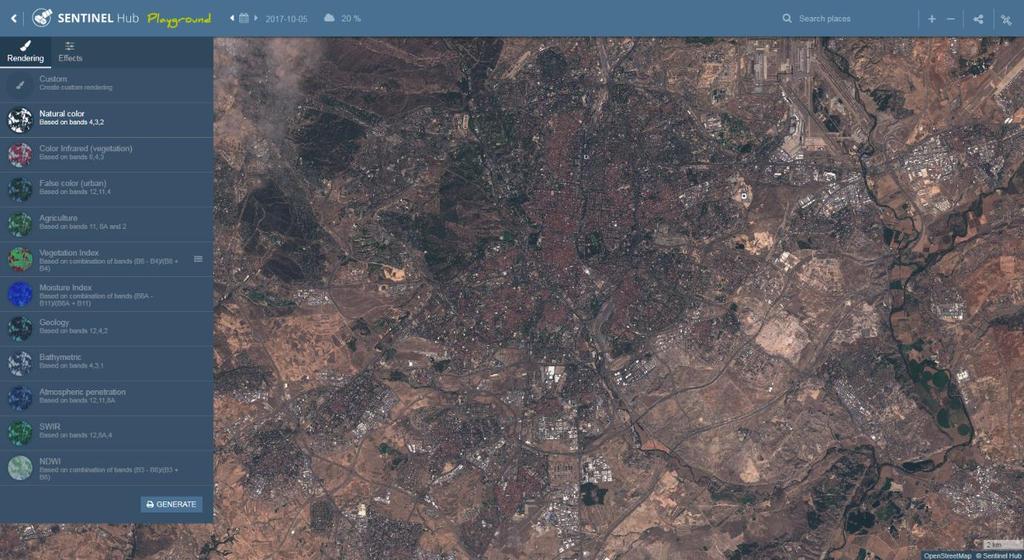 Sentinel Playground Sentinel Playground jest aplikacją internetową służącą do przeglądania, analizy i oceny zobrazowań satelitarnych Sentinel-2 oraz od niedawna również Landsat 8 i MODIS.