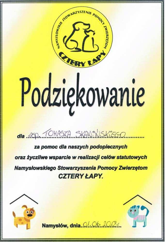 Podziękowanie od Namysłowskiego Stowarzyszenia Pomocy Zwierzętom CZTERY ŁAPY dla policjanta asp.