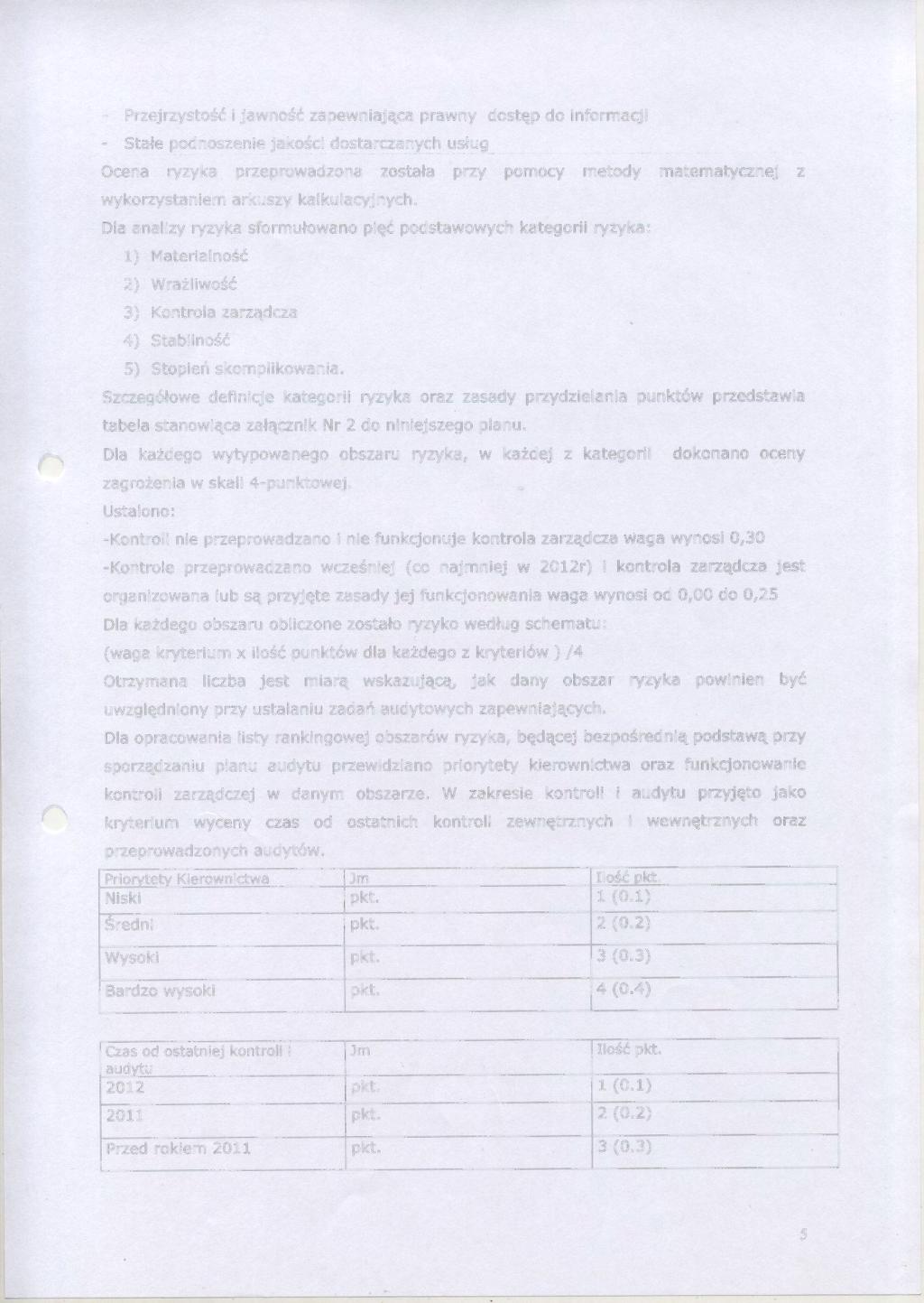 - Przejrzystość i jawność zapewniająca prawny dostęp do informacji - Stałe podnoszenie jakości dostarczanych usług Ocena ryzyka przeprowadzona została przy pomocy metody matematycznej z