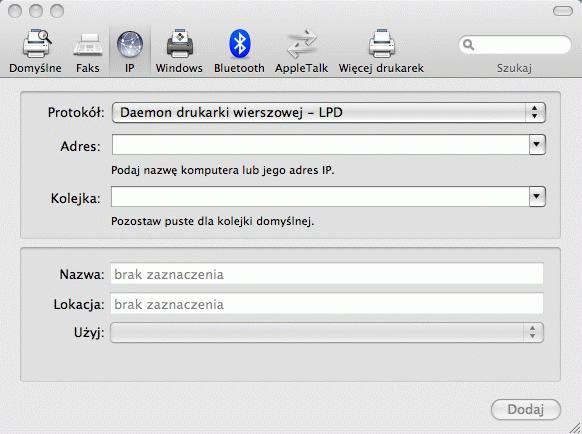 W przypadku korzystania z połączenia w ramach protokołu IP lub AppleTalk niezbędne jest