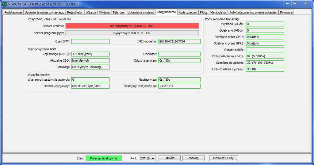10. Zakładka Stan modemu 1. Serwer centrali - aktualny stan połączenia nadajnika z serwerem UDP 2. Serwer programujący - aktualny stan połączenia nadajnika z serwerem programującym 3.