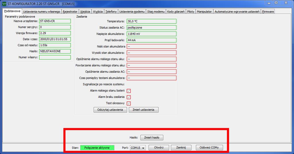 1. Stan: - wyświetla stan połączenia komputera z nadajnikiem. Port COM zamknięty Otwarty port COM. Połączenie aktywne 2. Port: - lista wyboru dostępnych portów COM. 3.