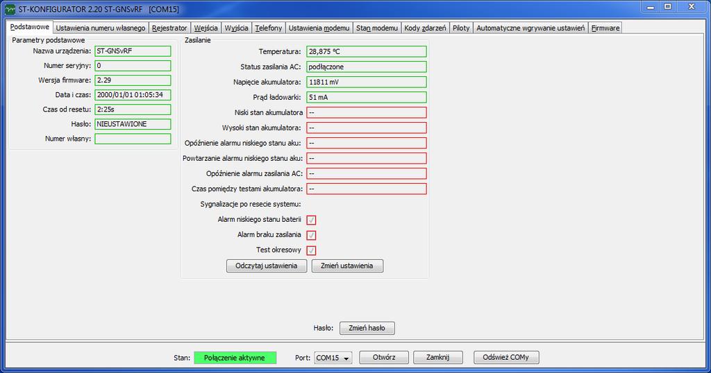 3. Zakładka Podstawowe. 1. Nazwa urządzenia Typ i wersja nadajnika 2. Numer seryjny - Numer seryjny nadajnika nadawany przez producenta 3. Wersja firmware wersja oprogramowania nadajnika 4.