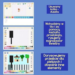 Sposób utworzenia animacji: Wchodzimy do aplikacji Scratch Junior, wybieramy nowy projekt, likwidujemy duszka i wchodzimy do galerii z tłami (nie korzystamy z gotowego tła, tylko wybieramy puste i