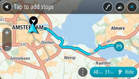 Urządzenie TomTom Rider zaplanuje ekscytującą trasę do wybranego miejsca docelowego. 5. Jeśli chcesz dodać więcej postojów do trasy, przesuń mapę i wybierz więcej postojów.