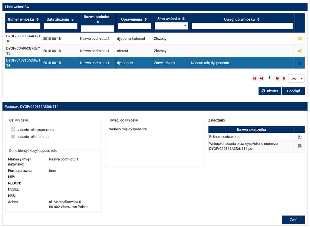 W informacjach szczegółowych dotyczących wniosku, po prawej stronie, znajduje się tabela z załącznikami.