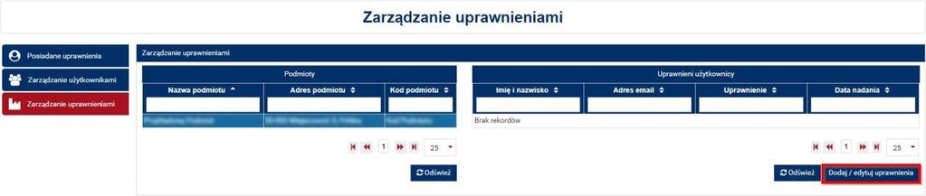 Po wybraniu przycisku wyświetli się okno nadawania uprawnień do wskazanego podmiotu. Dysponent może nadać uprawnienia zarówno użytkownikom, których utworzył oraz pozostałym użytkownikom PURM.