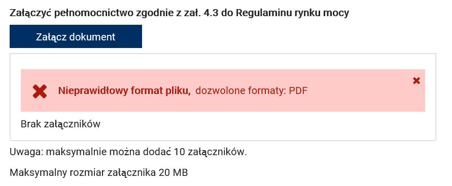 W przypadku, gdy załączony plik nie jest opatrzony kwalifikowanym podpisem elektronicznym, wyświetlony zostanie poniższy komunikat: Niedozwolone jest dodawanie załączników w formacie innym niż.pdf.
