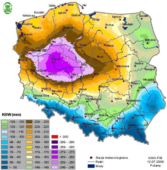 Klimatyczny Bilans Wodny (KBW) - rok 2008 / okres