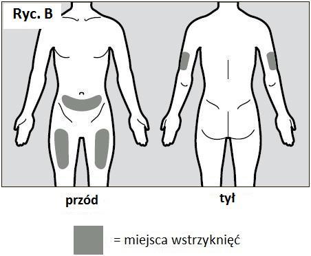 Jeśli iniekcji dokonuje opiekun, lek może być też podany w górną część ramienia. (patrz Ryc.
