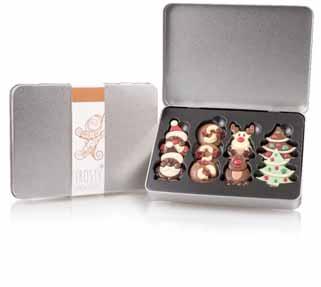 3714 XMAS CHOCO THREE Wymiar opakowania: 129 54 32 mm Masa netto: 35 g Cena netto: 16,18 zł Cena brutto: 19,90 zł Trzy pyszne pralinki
