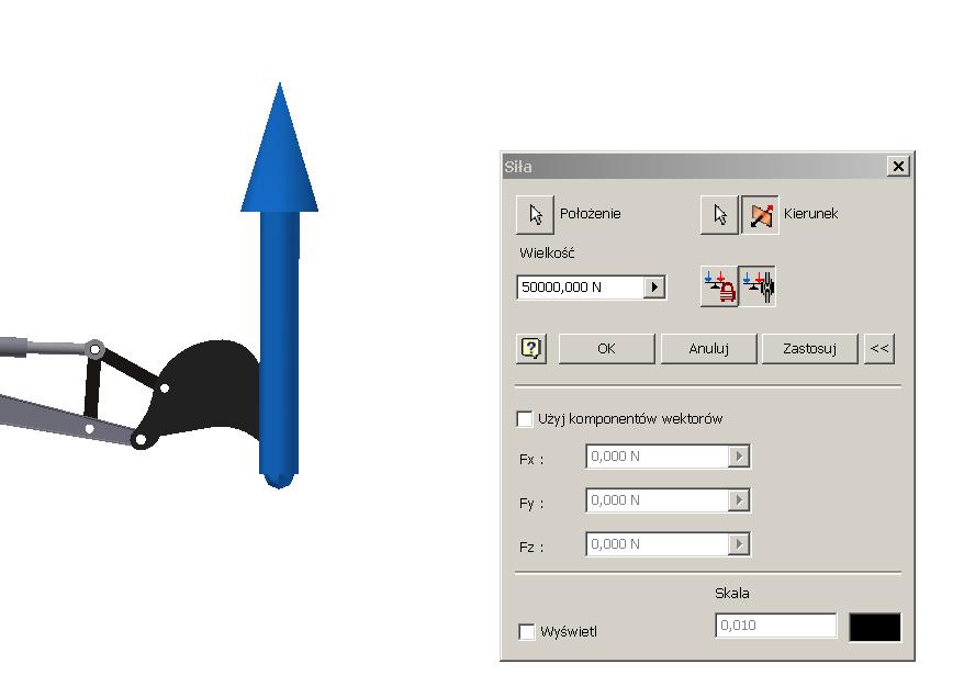 46. Wybierz opcję Siła i zadaj punkt jej zaczepienia oraz kierunek i zwrot działania zgodnie z wytycznymi opisanymi w punkcie 35. Przyjmuj wartość siły równą 50 kn.