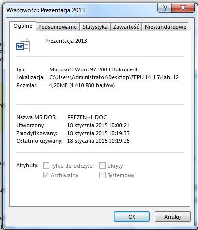 Właściwości dokumentu Okno dialogowe o tej nazwie umożliwia zapisanie informacji o dokumencie, które mogą być odczytane przez każdego, kto ten dokument otworzy.