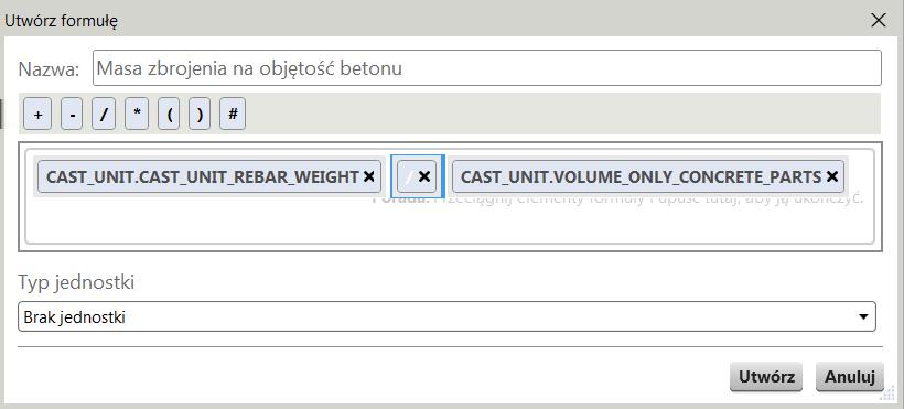 9. W razie potrzeby przeciągnij właściwości i operatory do pola formuły, aby ją zmodyfikować. W Organizatorze jest automatycznie sprawdzane, czy formuła jest matematycznie poprawna.