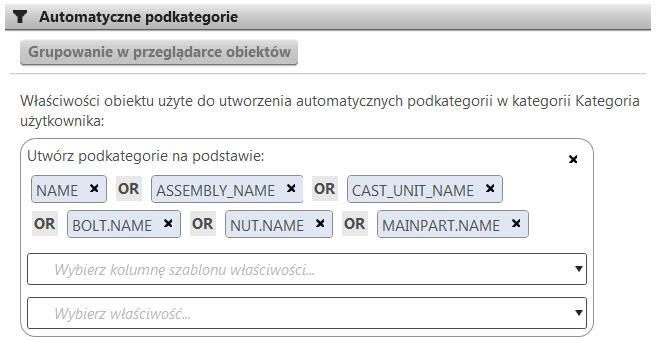 Do pól reguł można również dodać kolumny szablonów właściwości lub właściwości obiektów. Kliknij pola reguł i wybierz kolumnę szablonu właściwości lub właściwość obiektu.