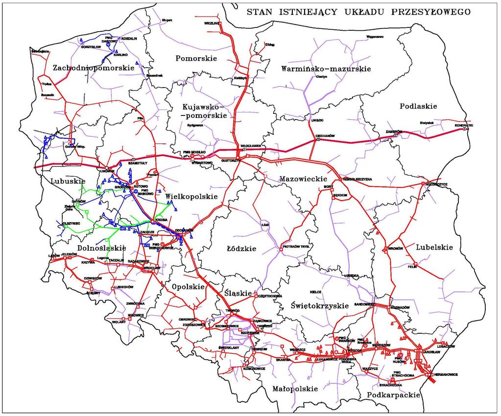 Sieć Istniejąca sieć gazociągów przesyłowych
