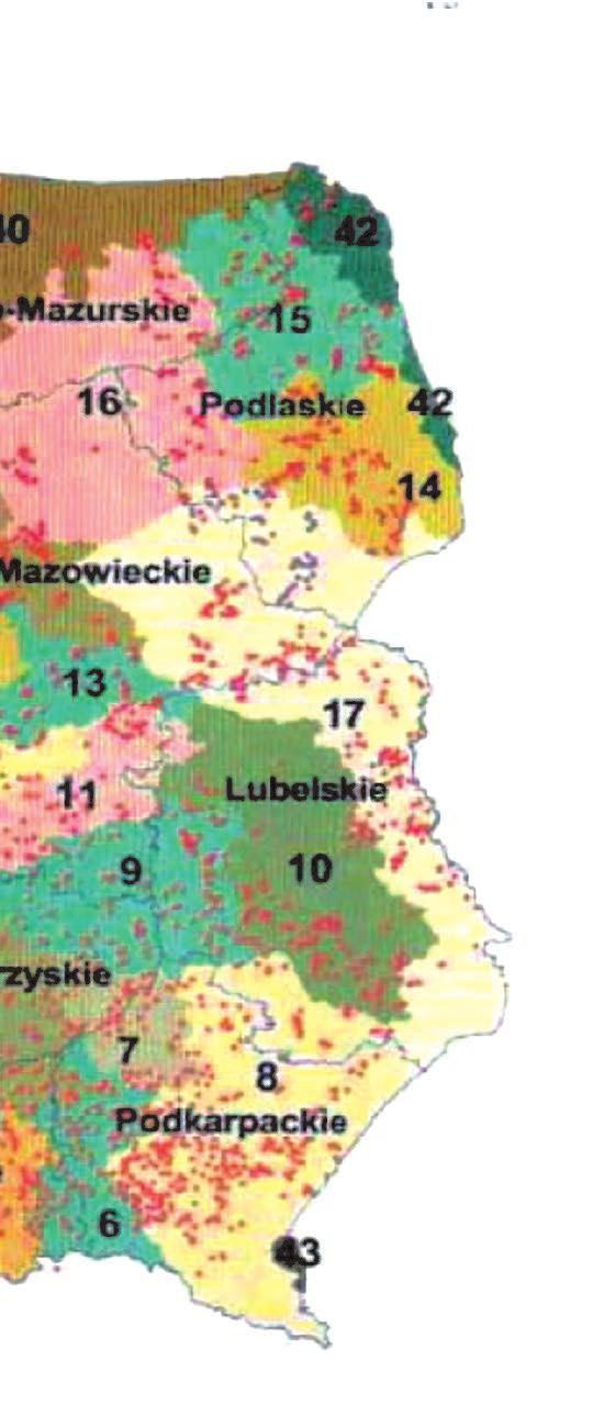 1, na tle podziału administracyjnego kraju i z zaznaczeniem elementów podziału hydrologicznego (zlewnie rzek II rzędu).