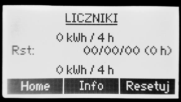 Liczniki Na tym ekranie widać licznik czasu i energii. Na samej górze wyświetlono liczniki pracy, które można wyzerować. Poniżej wyświetlona jest data resetowania liczników.