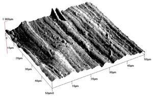 to 1.4 µm. a) b) Fig. 1. Scanning AFM images of polyethylene: a) surface, b) 3D visualization Rys. 1. Obraz struktury geometrycznej powierzchni próbki z polietylenu uzyskany techniką AFM: a) analizowany obszar próbki, b) wizualizacja 3D a) b) Fig.