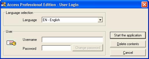 8 pl Informacje ogólne Access Professional Edition 2.1 Górnej listy rozwijanej można użyć do wybrania wymaganego języka (language). Domyślny jest język zastosowany podczas instalowania aplikacji.