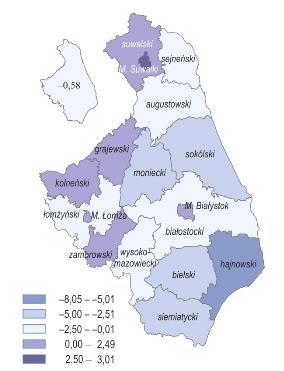 Mapka 3. Przyrost naturalny na 1000 ludności według powiatów w 2012 r. Żródło: Stan i ruch naturalny ludności w województwie podlaskim w 2012 r., s.6 W 2012 r.