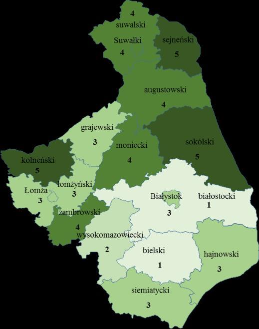 1 bardzo niski 2 niski 3 umiarkowany 4 wysoki 5 bardzo wysoki Źródło: Wielowymiarowa analiza poziomu ubóstwa w województwie podlaskim w latach 2011-2012, ROPS w Białymstoku s.