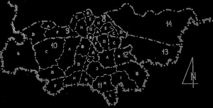 numery dzielnic samorządowych jednostki urbanistyczne granice miasta Krakowa granice dzielnic samorządowych granice jednostek urbanistycznych Ryc. 6. Dzielnice samorządowe ustalone przez J.