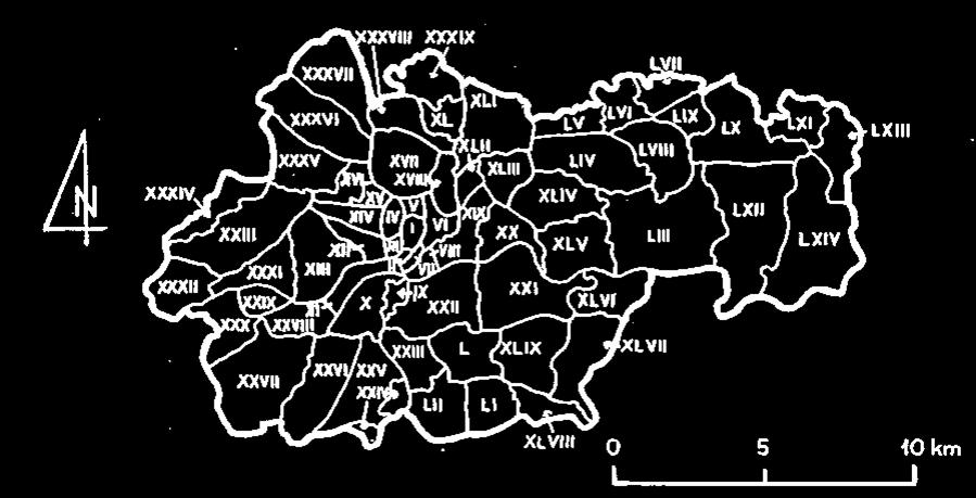 Ryc. 1. Podział Krakowa na dzielnice katastralne stan 1951 r. Źródło: opracowanie własne na podstawie: K.