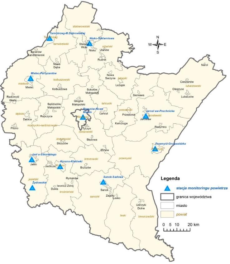 Wojewódzki Inspektorat Ochrony Środowiska w Rzeszowie prowadzi pomiary jakości powietrza atmosferycznego na terenie województwa podkarpackiego w ramach Państwowego monitoringu środowiska na stacjach