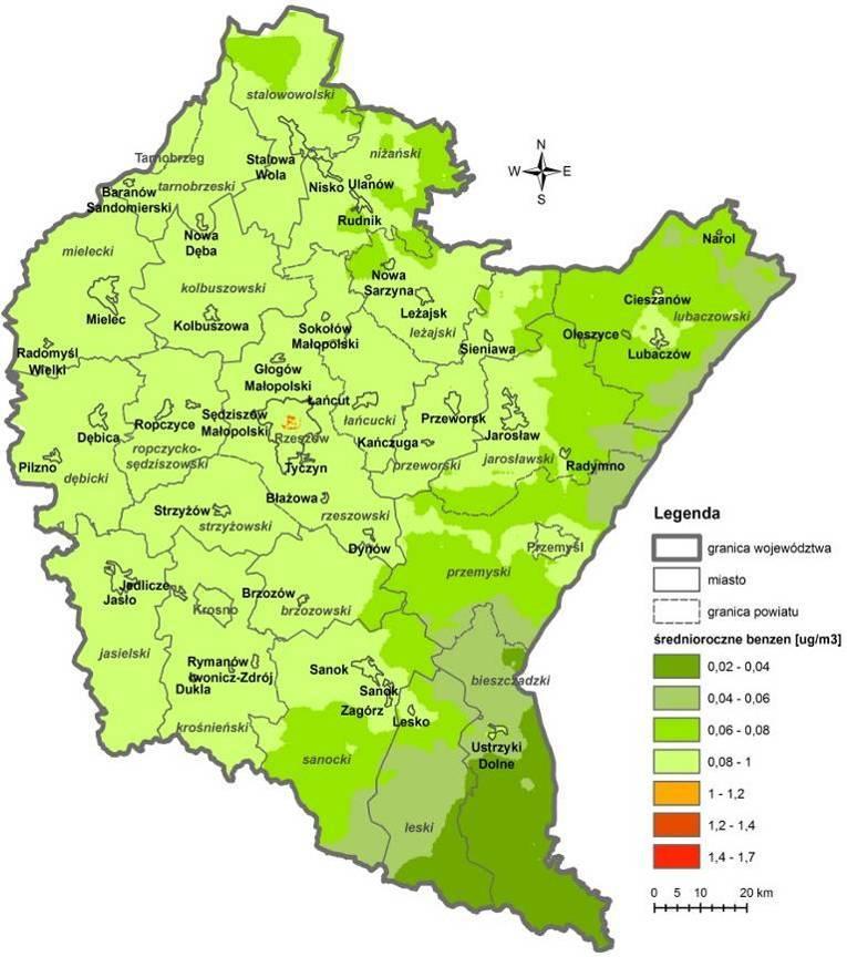 Rys. 3.9. Rozkład stężeń średniorocznych benzenu w powietrzu w województwie podkarpackim z uwzględnieniem powiatu rzeszowskiego w 2013 r.