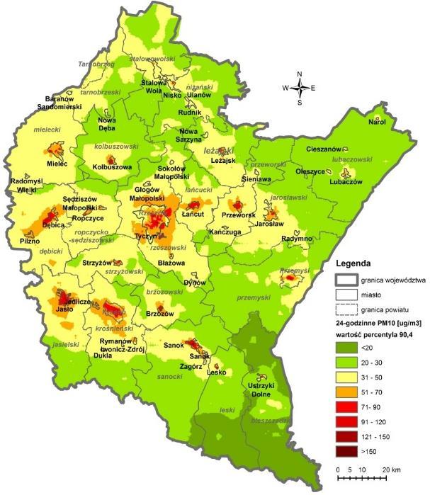 terenie powiatu rzeszowskiego percentyl 90,4 zawierał się w przedziale 20-120 μg/m 3 (40,0-240,0% normy). Na rys. 3.11.