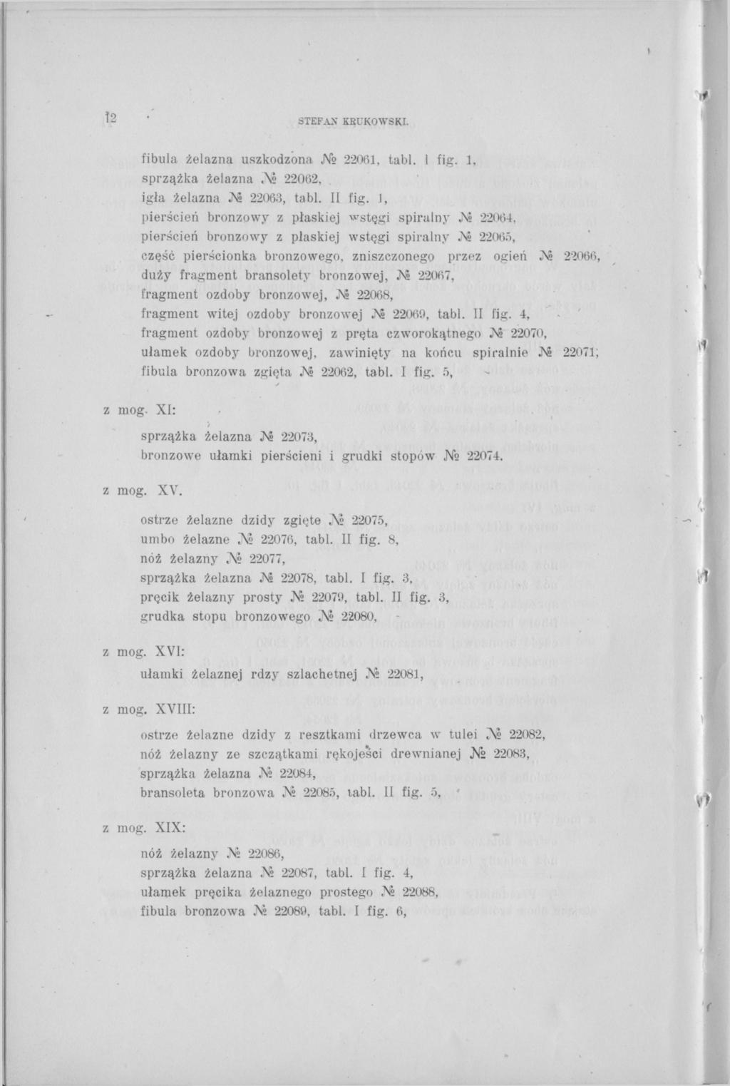 12 STEFAN KRUKOWSKI. fibula żelazna uszkodzona 22061, tabl. 1 fig. 1, sprzążka żelazna Л» 22062, igła żelazna 22063, tabl. II fig.