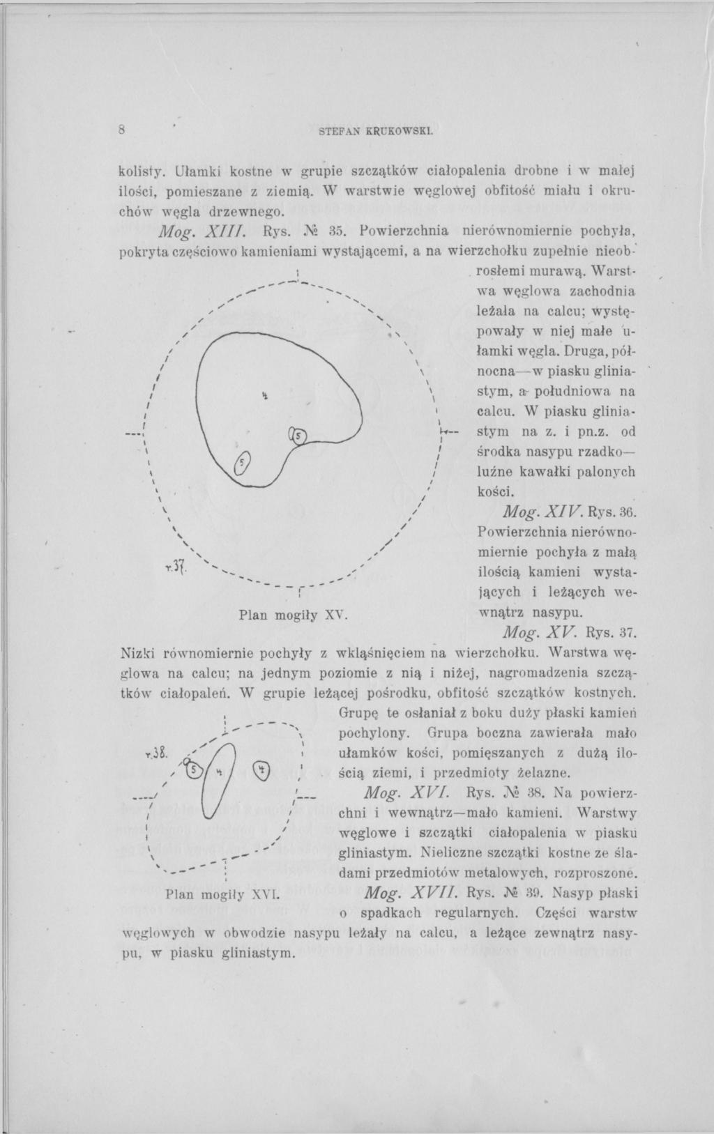8 STEFAN KRUKOWSKI. kolisty. Ułamki kostne w grupie szczątków ciałopalenia drobne i w małej ilości, pomieszane z ziemią. W warstwie węglowej obfitość miału i okruchów węgla drzewnego. Mog. XIII. Rys.