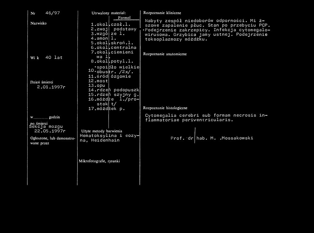 Nr 46/97 Nazwisko Wiek 40 lat Dzień śmierci 2.01.1997r w Sekcjonowany godzin o. śmierci psekcja mózgu 22.05.