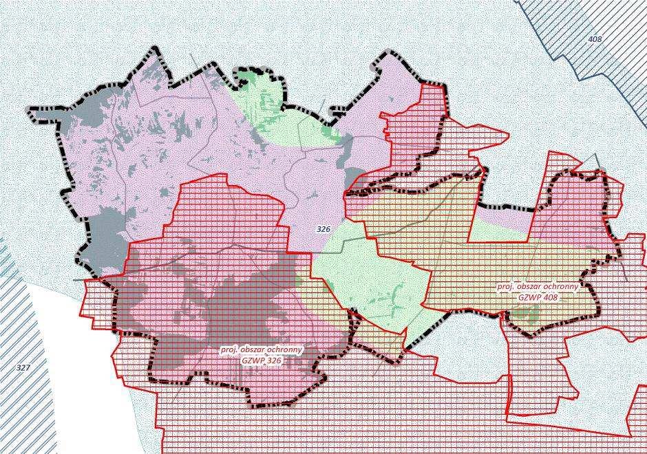 Rysunek 21 Stopień zagrożenia wód podziemnych na terenie gminy wg MHP i projektowany obszar ochronny zbiornika GZWP 326 i 408 (źródło: opracowanie własne na podstawie MMHP, PIG i Dokumentacji dla