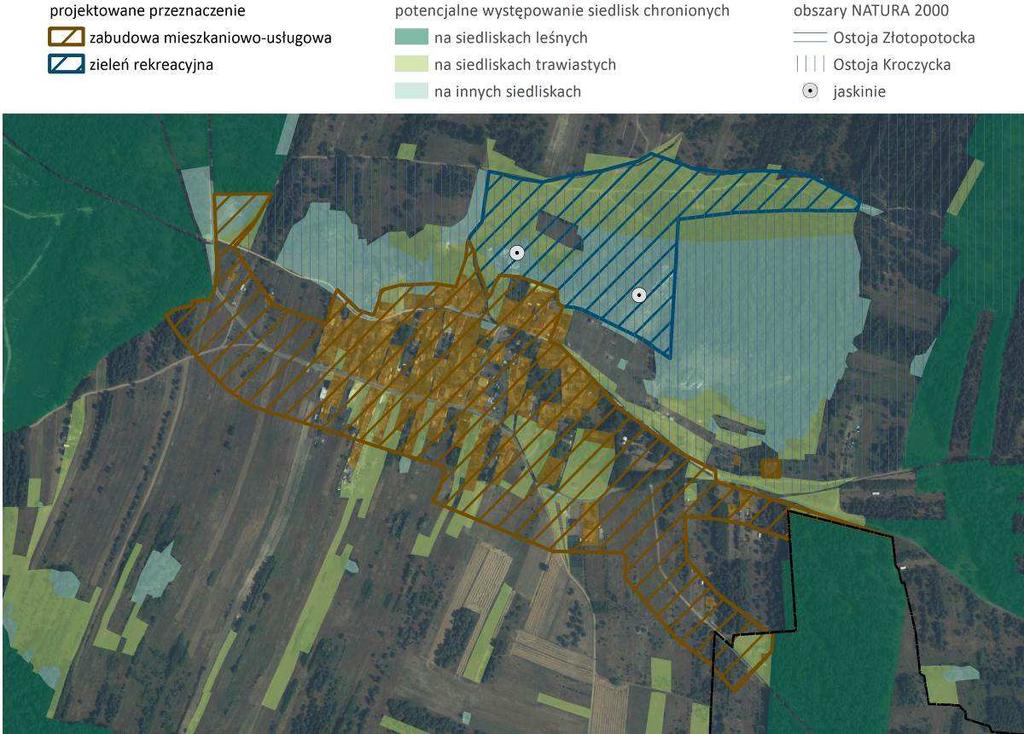 Rysunek 27 Lokalizacja terenów inwestycyjnych na tle szaty roślinnej Łutowiec źródło: opracowanie własne na podstawie SWDE, ortofotomapy i danych GDOŚ Mirów W Mirowie jako potencjalne zagrożenie