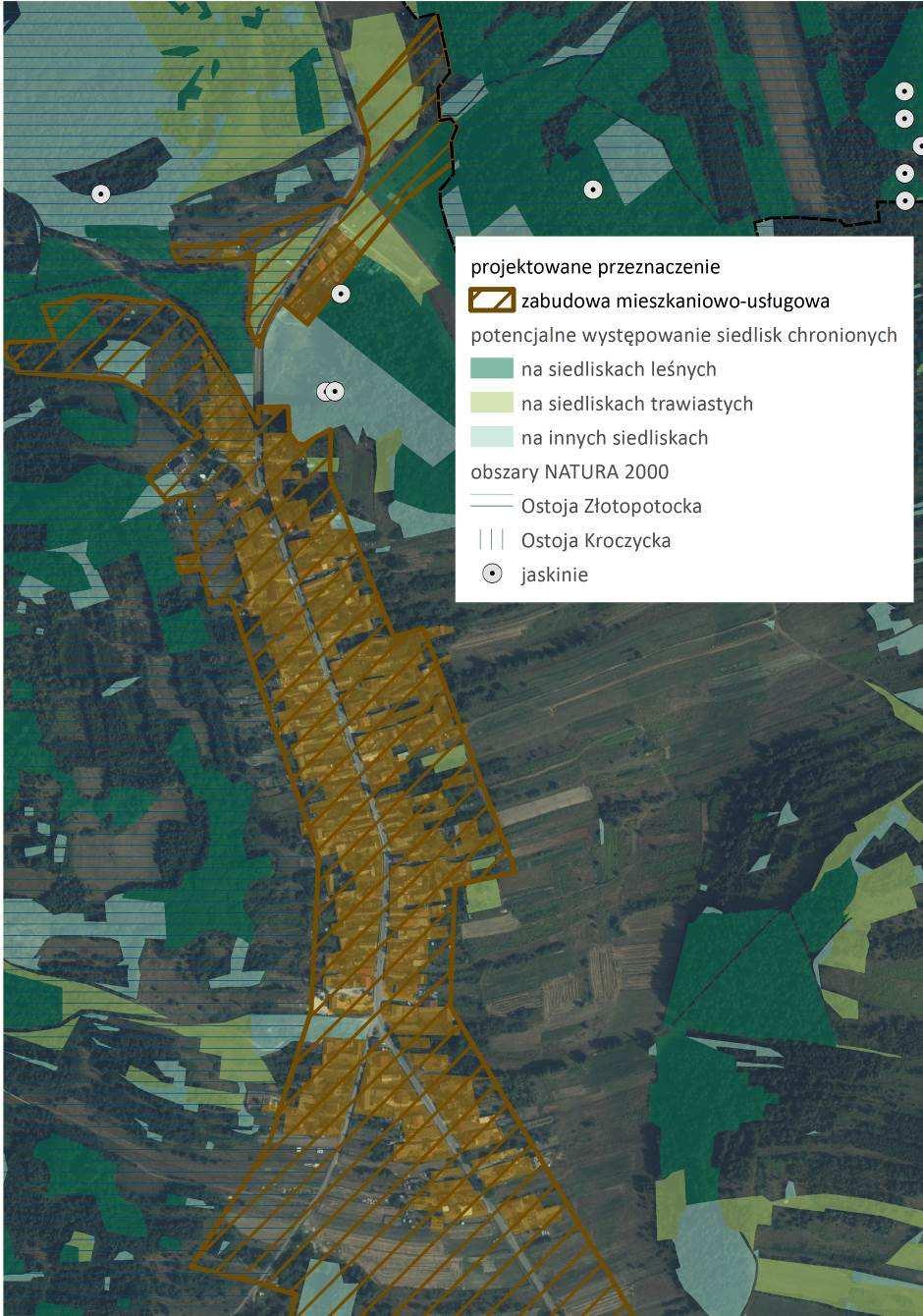 Rysunek 29 Lokalizacja terenów inwestycyjnych na tle szaty roślinnej Trzebniów źródło: opracowanie własne na podstawie SWDE, ortofotomapy i danych GDOŚ Trzebniów Ostrężnik W Ostrężniku nie przewiduje