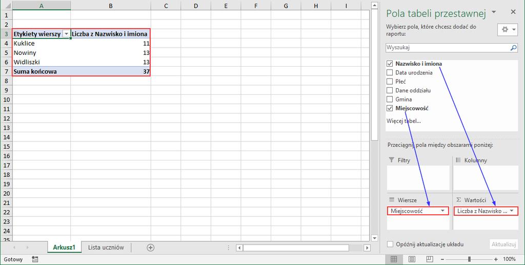 UONET+. Jak wykorzystać wydruki list w formacie XLS do analizy danych uczniów? 11/12 6. Zmodyfikuj zestawienie, przenosząc do obszaru Kolumny pole Dane oddziałów.