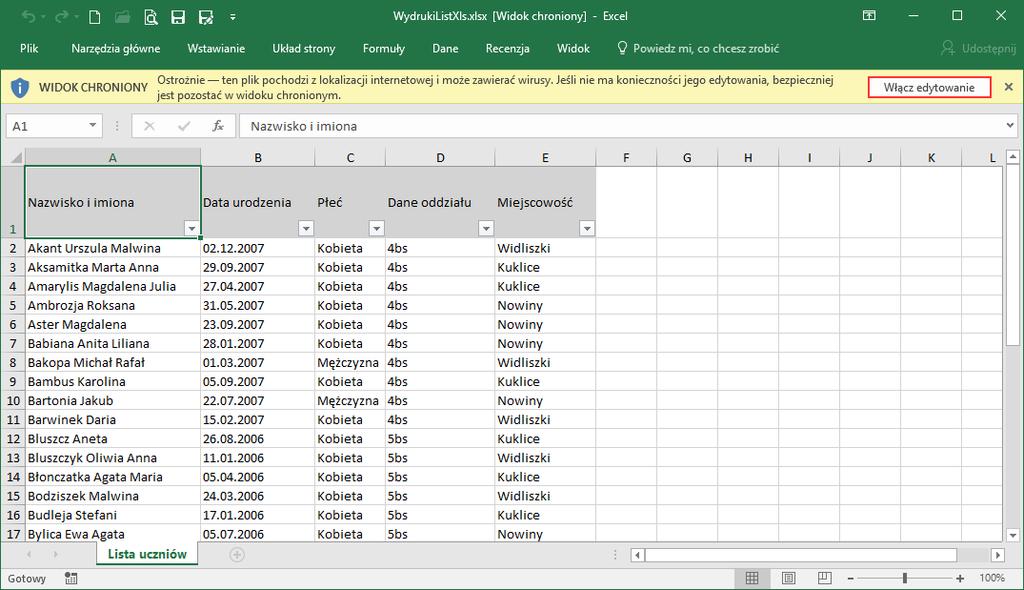 UONET+. Jak wykorzystać wydruki list w formacie XLS do analizy danych uczniów? 3/12 Analiza danych w Excelu Otwórz pobrany plik XLS w programie Excel.