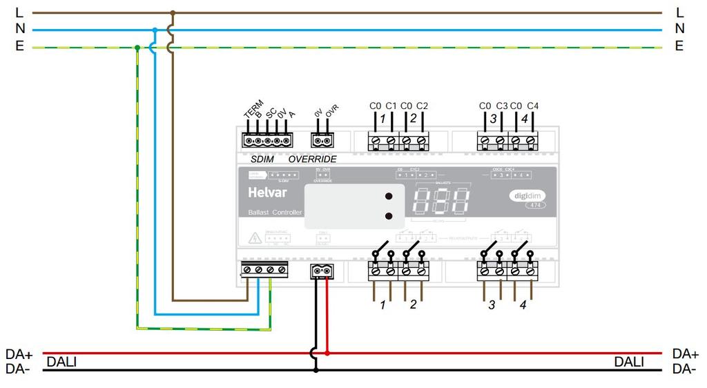 Wejścia sterujące / S-DIM / DMX Możliwość wpięcia czujnika ruchu do podsieci Pobór prądu z magistrali : 2 ma Napięcie zasilania: 85-264 VAC, 45-65 Hz Zabezpieczenie zewnętrzne: 6 A