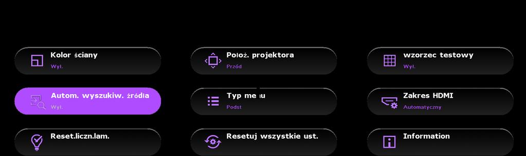 Używanie menu Projektor wyposażony jest w menu ekranowe OSD, które umożliwia wykonywanie różnych regulacji i ustawień. Są dwa rodzaje menu do wyboru.