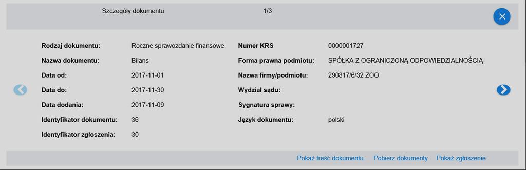 Aby zobaczyć szczegóły dotyczące dokumentu, przy wybranym dokumencie należy wybrać przycisk Pokaż szczegóły.