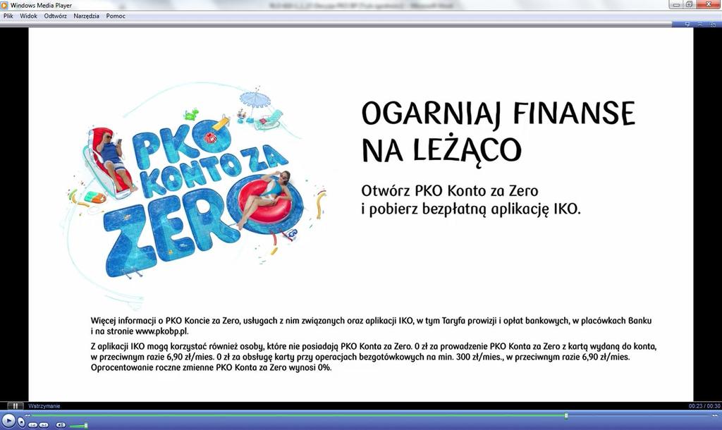 Informacje przekazywane przy pomocy spotu telewizyjnego w ramach kampanii Ogarniaj finanse na leżąco prezentowanej w wybranych kanałach telewizyjnych dotyczące produktu PKO Konto za Zero od 6