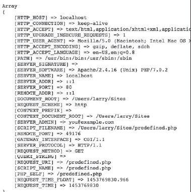?> Kod PHP zawiera tylko jedno wywołanie funkcji. Funkcja powinna być dostarczona z nazwą zmiennej. W tym przykładzie,zmienna to $_SERVER, która jest wyjątkowa w PHP.