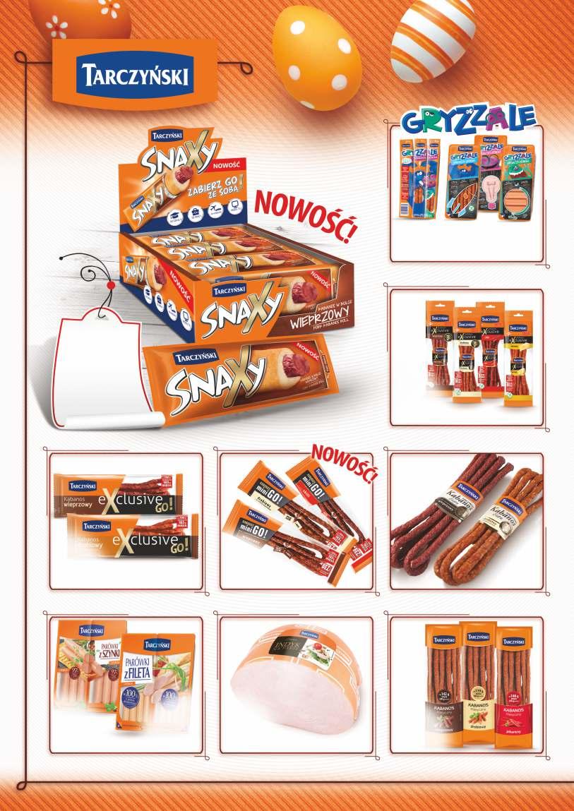 asortyment netto brutto Gryzzale kabanoski 75g 3,75 3,94 Gryzzale kabanoski 90g 3,85 4,04 Gryzzale paróweczki dr 100g 2,09 2,19 Gryzzale szyneczka dr 50g 1,39 1,46 1,98/brutto 1,89 Snaxy Kabanos