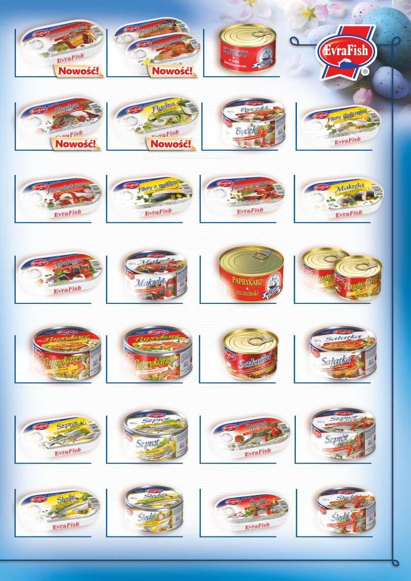 3,73/brutto 3,55 Filet z karpia po grecku 170g 4,50/brutto 4,29 Filet z łososia 170g: po sułtańsku, po grecku 2,26/brutto 2,15 Szprot w sosie pomidorowym 300g Korsarz 3,10/brutto 2,95 3,52/brutto