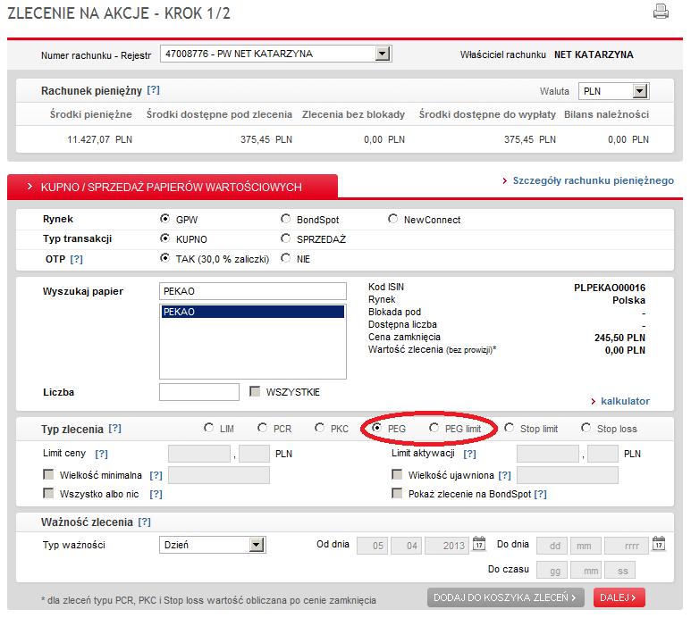 Jak złożyć zlecenie PEG/PEG Limit Pekao24Makler?