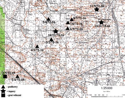 Archeologia lasów. Nadzór archeologiczny na terenie Nadleśnictwa Przemków 153 Ryc. 4. Mapa Borów Dolnośląskich z zaznaczonymi miejscami odkrycia zabytków archeologicznych (oprac. S.
