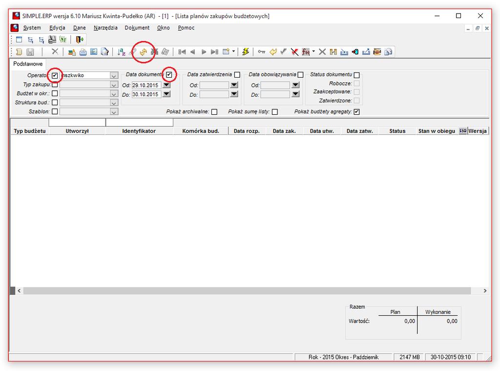 Po uruchomieniu Planu zakupów budżetowych Lista, w otwartym oknie należy odznaczyć Operator oraz Data