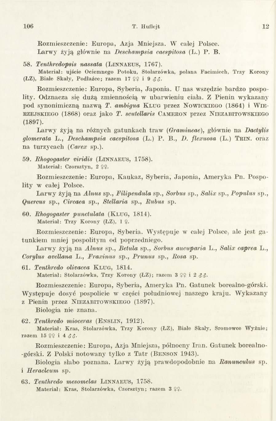 106 T. Huflejt 12 Rozmieszczenie: Europa, Azja Mniejsza. W całej Polsce. Larw y żyją głównie na Deschampsia caespitosa (L.) P. B. 5 8. Tenłhredopsis nassata ( L in n a e u s,.1767).